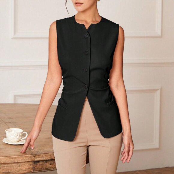 Black Elegant Women's Ladies' Solid Color Sleeveless Suit Vest - Picture 1 of 8